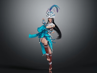 Female Character In Traditional Blue Attire With Feathered Headdress And Dynamic Dance Pose 3d model