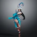 Female Character In Traditional Blue Attire With Feathered Headdress And Dynamic Dance Pose
