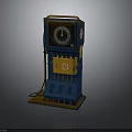 Vintage Blue Industrial Machine With Dial Yellow Section And Metal Frame