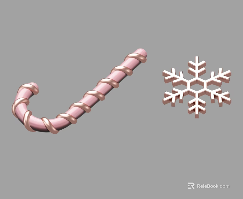 Pink Candy Cane And Snowflake Decorative Ornaments With Shiny Pink Finish For Seasonal Decor 3d model 