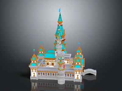 Turquoise and Golden Spired Castle with Multiple Towers and Bridge Design Structure 3d model