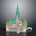 Turquoise and Golden Spired Castle with Multiple Towers and Bridge Design Structure