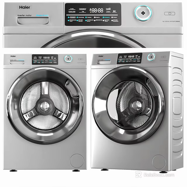 Two Modern Silver Front Loading Washing Machines With Sleek Digital Control Panels 3d model 
