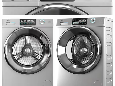 Two Modern Silver Front Loading Washing Machines With Sleek Digital Control Panels 3d model