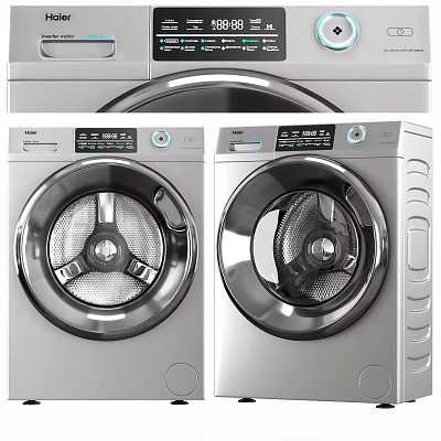 Two Modern Silver Front Loading Washing Machines With Sleek Digital Control Panels 3d model