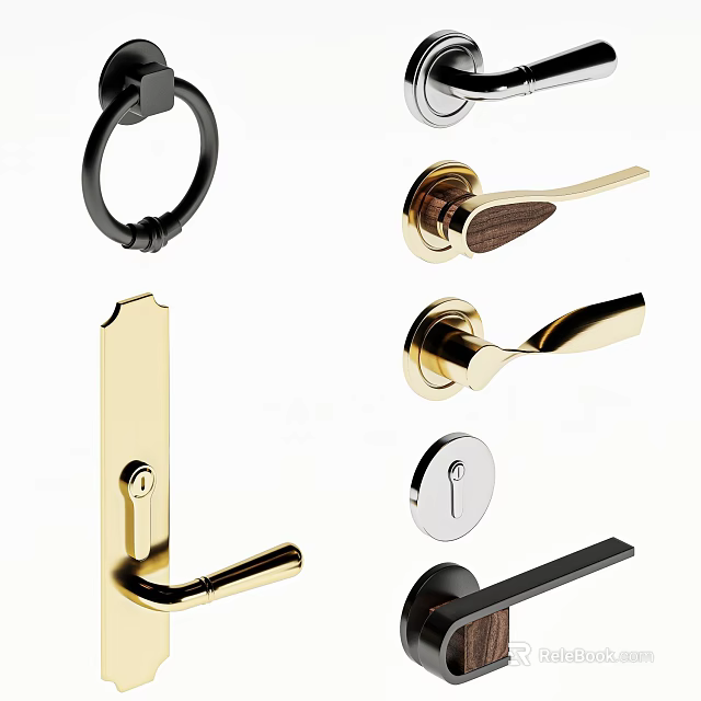 Various Modern Door Handles With Brass Gold Black And Wooden Design Styles 3d model 