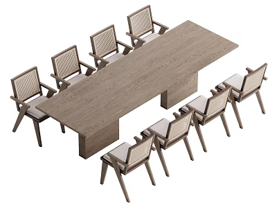 Modern Style Wooden Dining Table Set With Rectangular Top And Woven Backrest Chairs 3d model