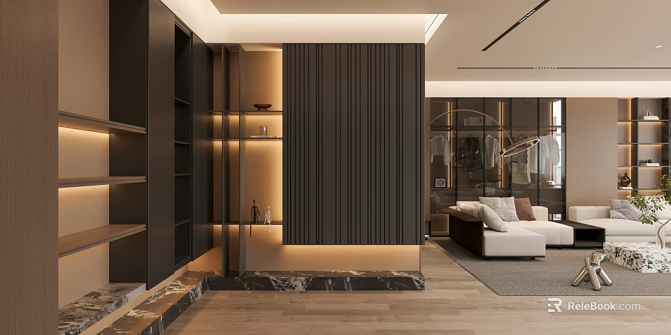 Modern Foyer Hallway With Ambient Lighting Dark Cabinets And Marble Details 3d model 