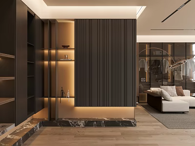 Modern Foyer Hallway With Ambient Lighting Dark Cabinets And Marble Details 3d model