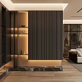 Modern Foyer Hallway With Ambient Lighting Dark Cabinets And Marble Details