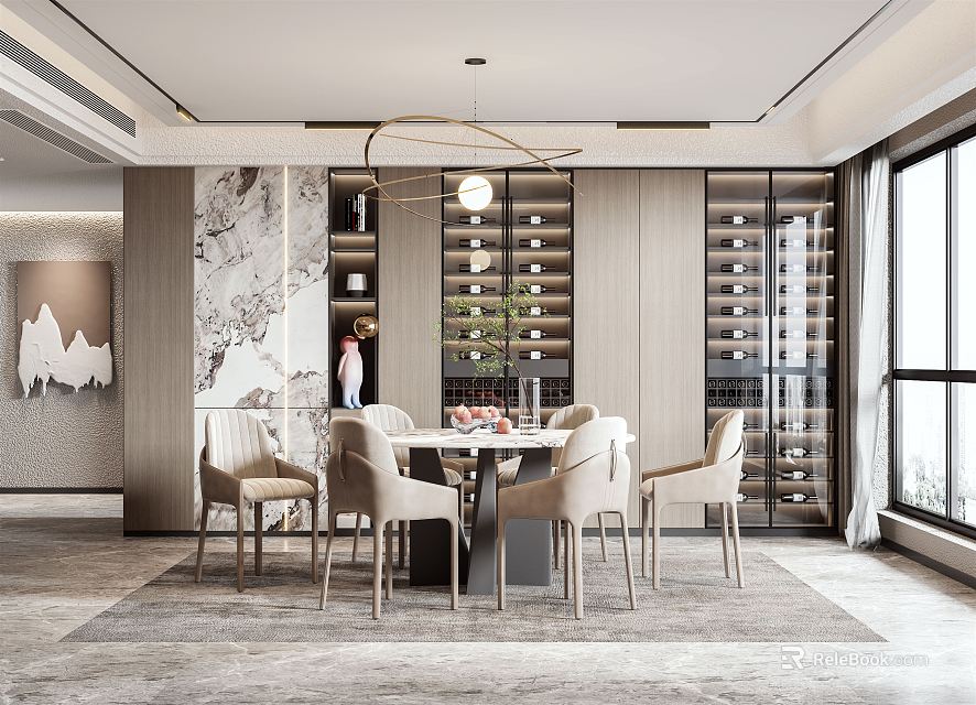 Elegant Modern Restaurant Interior With Dining Table Chairs Wine Cabinet Chandelier And Mural 3d model 