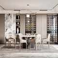 Elegant Modern Restaurant Interior With Dining Table Chairs Wine Cabinet Chandelier And Mural