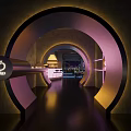 Modern Bar Interior With Neon Lit Counter High Stools Round Tables And City Night View
