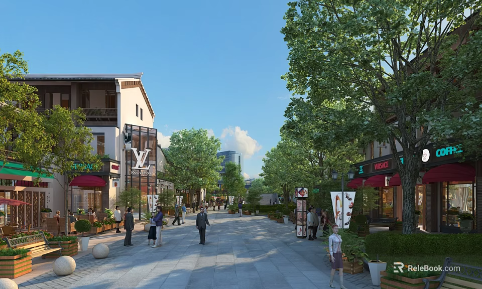 Vibrant Commercial Street with Brand Storefronts Pedestrians Lush Trees and Paved Walkway 3d model 