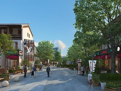 Vibrant Commercial Street with Brand Storefronts Pedestrians Lush Trees and Paved Walkway 3d model