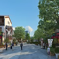 Vibrant Commercial Street with Brand Storefronts Pedestrians Lush Trees and Paved Walkway