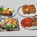 Assorted Homemade Dishes With Roast Meat Lasagna Roasted Vegetables And Salad