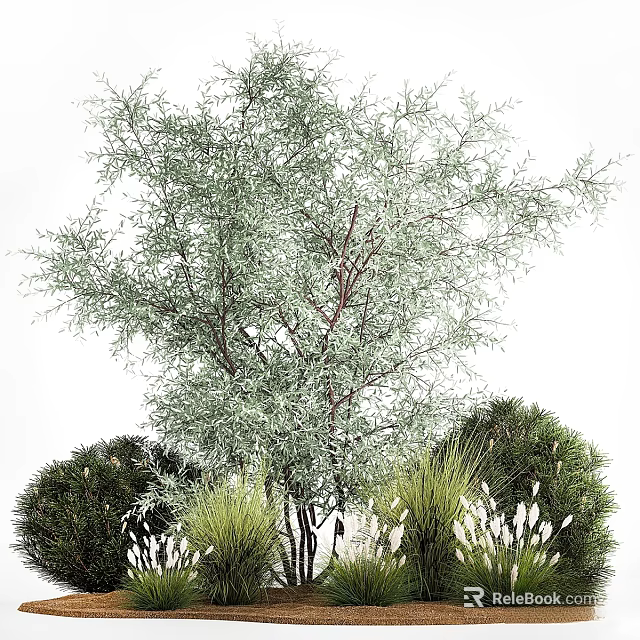 Lush Green Garden Decor With Diverse Plants Tree Shrubs And Grasses 3d model 