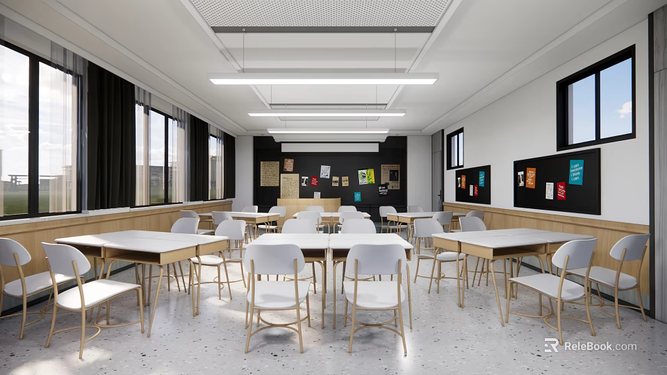 School Modern Bright Classroom with Wooden Desks White Chairs Blackboard and Colorful Posters 3d model 