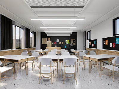 School Modern Bright Classroom with Wooden Desks White Chairs Blackboard and Colorful Posters 3d model