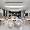 School Modern Bright Classroom with Wooden Desks White Chairs Blackboard and Colorful Posters