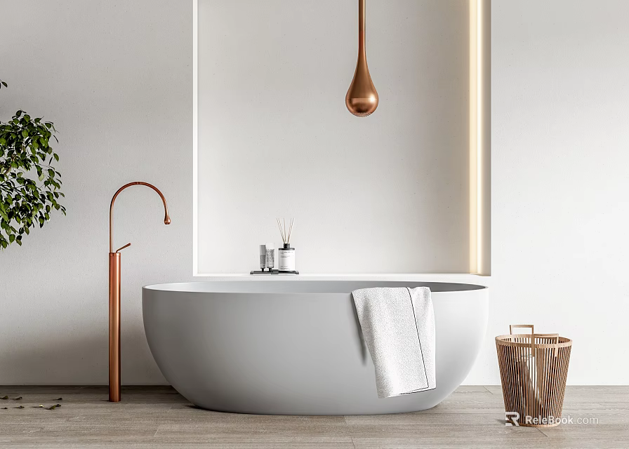 Minimalist Bathroom White Bathtub With Copper Faucet Pendant Light White Towel Wooden Basket Green Plant 3d model 