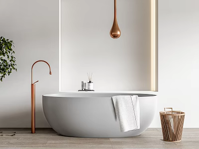 Minimalist Bathroom White Bathtub With Copper Faucet Pendant Light White Towel Wooden Basket Green Plant 3d model