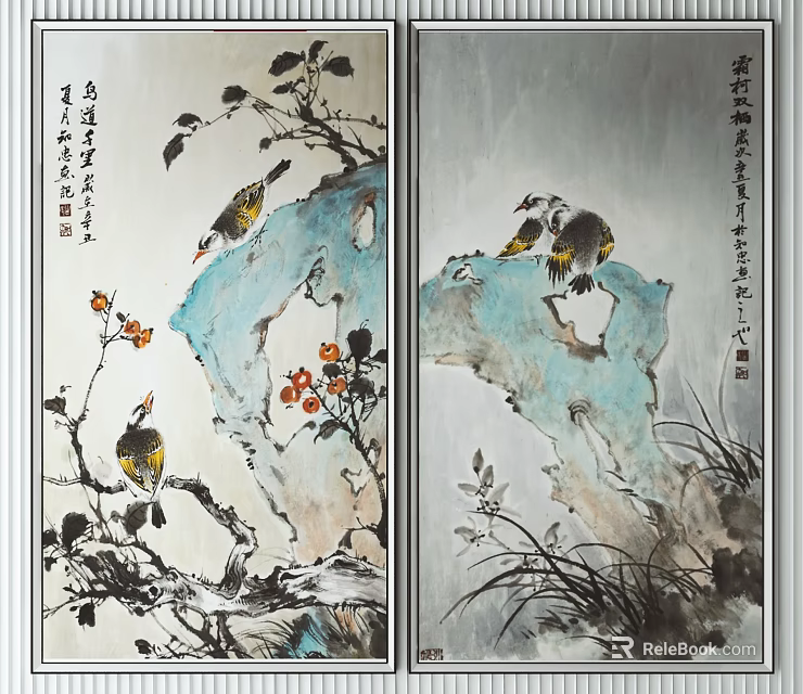 Traditional Chinese Animal Paintings Featuring Birds on Rocks with Flowers and Calligraphy 3d model 