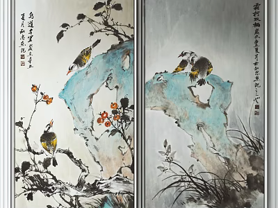 Traditional Chinese Animal Paintings Featuring Birds on Rocks with Flowers and Calligraphy 3d model
