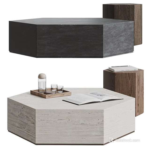 Modern Hexagonal Coffee Table With Wooden Stone Surfaces Tray Glasses And Open Book 3d model 