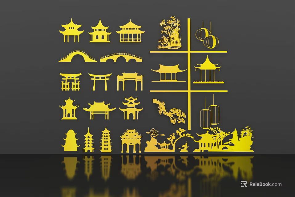 Chinese Style Wall Decor Featuring Traditional Pagodas Bridges Dragons And Yellow Lattice Design 3d model 