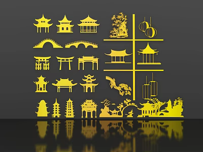 Chinese Style Wall Decor Featuring Traditional Pagodas Bridges Dragons And Yellow Lattice Design 3d model