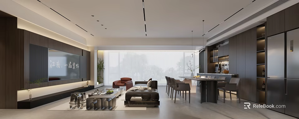 Modern Living and Dining Room Interior With Sofa Coffee Table Dining Table And Large Windows 3d model 