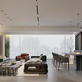 Modern Living and Dining Room Interior With Sofa Coffee Table Dining Table And Large Windows