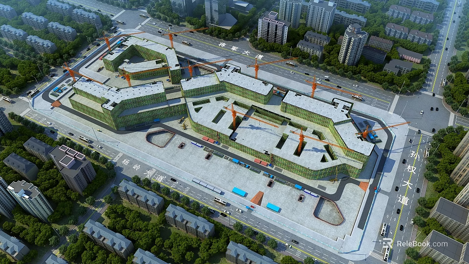 Modern Architectural Complex With Connected Structures In Urban Surroundings Featuring Roads And Trees 3d model