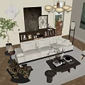 Bright Living Room Interior With White Sofa Coffee Table Chandelier Large Windows And Green Plant