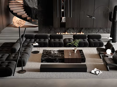 Modern Living Room Interior With Black Sofa And Coffee Table Set Fireplace And Floor Lamp 3d model