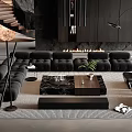 Modern Living Room Interior With Black Sofa And Coffee Table Set Fireplace And Floor Lamp
