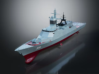 Modern Warship With Gray Hull Red Bottom Deck Antennas and Hull Number 300 3d model