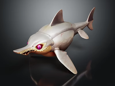 3D Model of Shark Creature Character With Silver Body Pink Eyes and Sharp Teeth 3d model