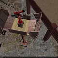 Outdoor Fire Safety Equipment With Red Fire Extinguisher On Wooden Platform And Stone Pavement