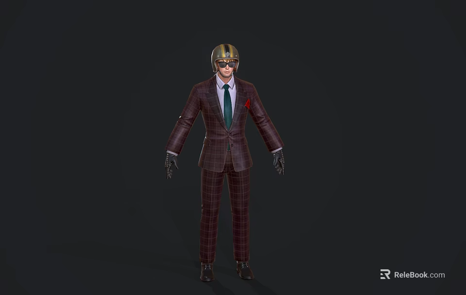 Stylish Man in Plaid Suit with Green Tie Red Pocket Square Helmet and Gloves 3d model 