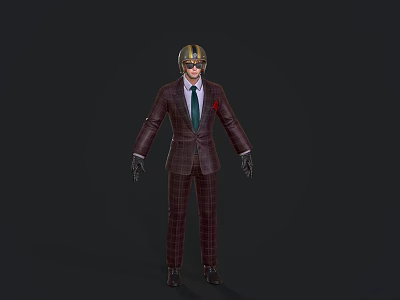 Stylish Man in Plaid Suit with Green Tie Red Pocket Square Helmet and Gloves 3d model