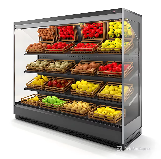 Commercial Display Shelf with Multiple Layered Shelves for Assorted Fruits Display and Transparent Glass Door 3d model 