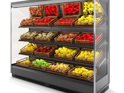 Commercial Display Shelf with Multiple Layered Shelves for Assorted Fruits Display and Transparent Glass Door 3d model