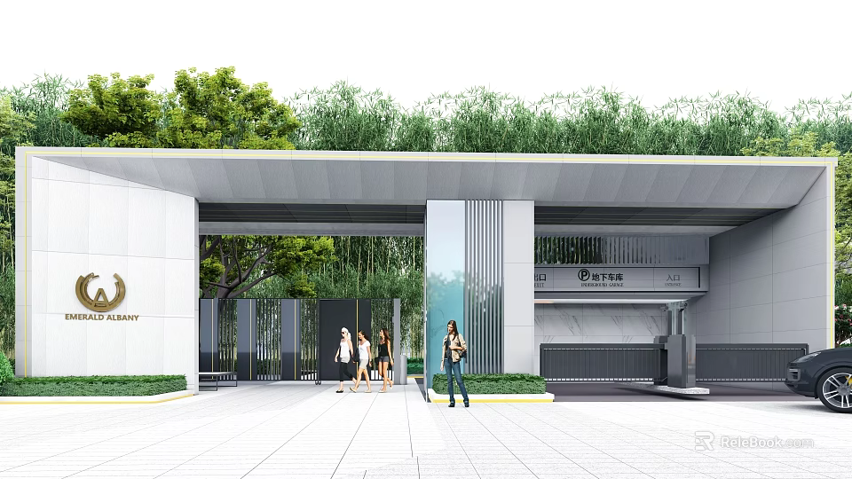 Modern Entrance Gate Design with Greenery Covered Top Glass Facade and Evergrande Logo for Pedestrians 3d model 