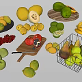 Assorted Fresh Fruits Display With Bananas Apples Lemons On Plates Wooden Board And Wire Basket