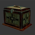Vintage Wooden Storage Box With Leather Handle Green Panels And Black Cross Patterns
