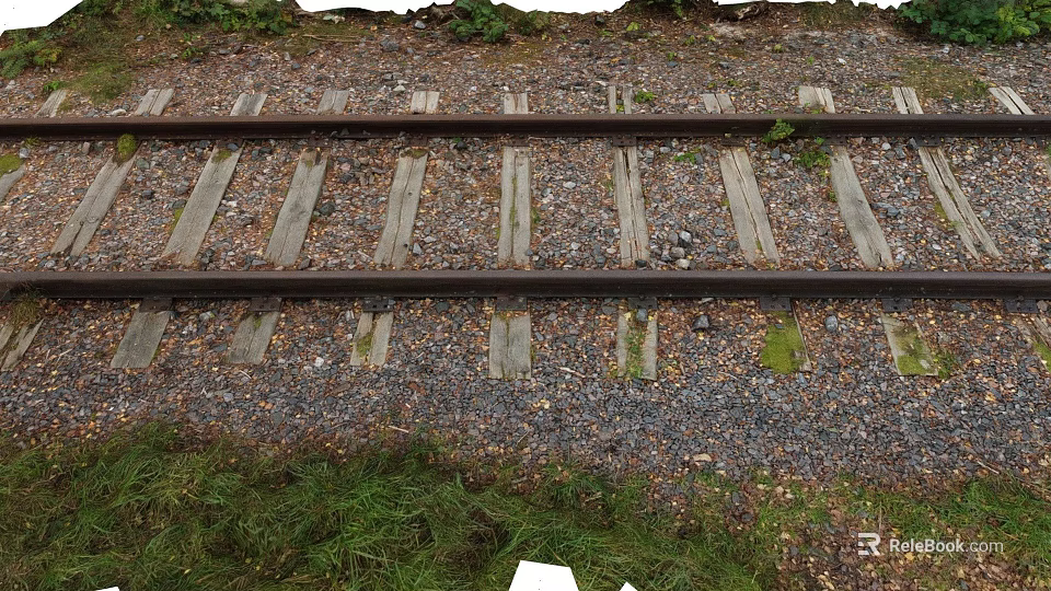 Old Train Tracks With Weathered Wooden Sleepers Gravel And Overgrown Grass In Rural Area 3d model 