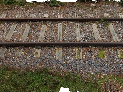 Old Train Tracks With Weathered Wooden Sleepers Gravel And Overgrown Grass In Rural Area 3d model